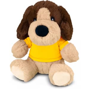 A plush dog toy with a brown and cream body, wearing a yellow shirt, featuring a friendly expression and soft texture.
