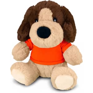A plush dog toy with a brown and tan body, featuring a black nose and wearing an orange shirt. It has a friendly expression.