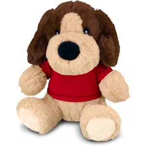 A plush dog toy with brown and beige fur, wearing a red t-shirt, sitting in a playful position.