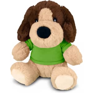 A brown and tan plush dog toy wearing a green shirt, featuring a round face and soft, floppy ears.