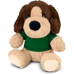 A soft plush toy dog with brown and beige fur, wearing a green shirt, sitting upright. It has a friendly face.