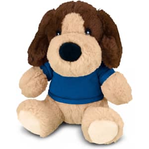 A plush dog toy with brown fur and a blue shirt, sitting upright with a friendly expression.