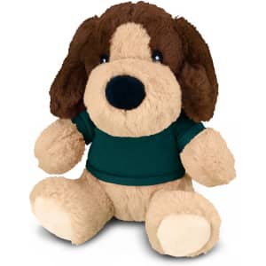 A plush dog toy featuring brown and tan fur, wearing a green shirt, with a friendly expression and soft body.