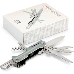 A silver multi-tool with various tools, including a knife, scissors, and corkscrew, beside a white box.