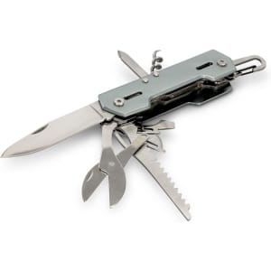 A grey multi-tool featuring various tools, including a knife, scissors, and a saw, attached to a keyring.