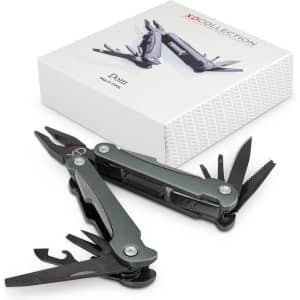 A multi-tool in grey with various functions, displayed alongside its packaging. The tool features pliers, blades, and other tools.