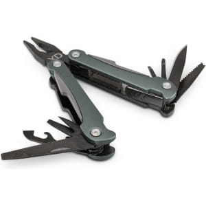 A multi-tool in dark grey with pliers, knife blades, and various other tools, featuring a logo.