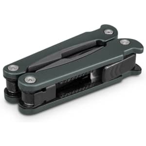 A green multi-tool featuring a compact design with multiple functions, including a foldable mechanism and metal detailing.
