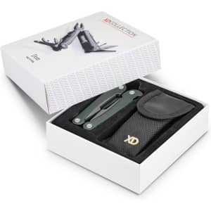 A multi-tool with various functions in a black and green design, presented in a box with a pouch.