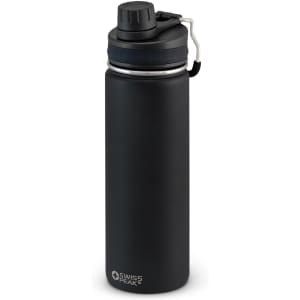A drink bottle in matte black with a screw-on lid and a metal clip, featuring a logo on the side.