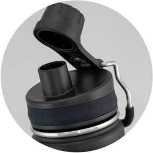 A drink bottle in matte black featuring a screw top and a pull-up spout. It includes a logo on the body.
