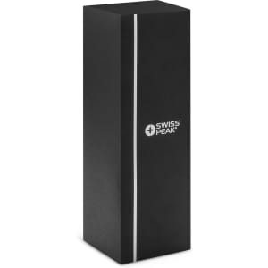 A drink bottle in a sleek black box, featuring a logo and a minimalistic design.