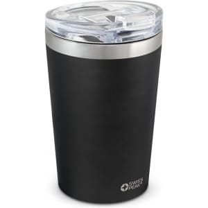 A drink bottle with a sleek black design, stainless steel rim, and a clear lid featuring a logo.