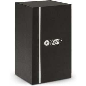 A black gift box featuring a logo and a sleek design. It has a vertical white stripe on the front.