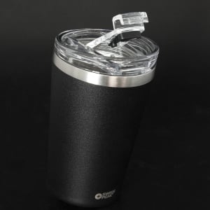 A drink bottle featuring a sleek black finish with a silver band and a clear lid. It has a logo on the front.