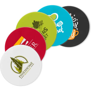 A collection of five circular silicone jar openers in various colours including red, green, blue, black, and white with logos.