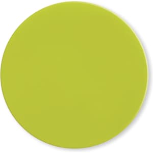 A round silicone jar opener in vibrant lime green, featuring a smooth surface and a logo at the centre.