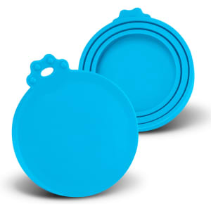 A blue silicone reusable can lid, featuring a circular design with a raised handle, displayed in two sizes.
