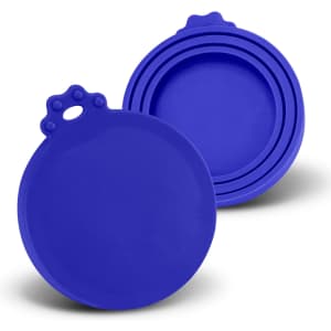 A set of blue silicone reusable can lids, featuring a rounded design and a small handle for easy removal.