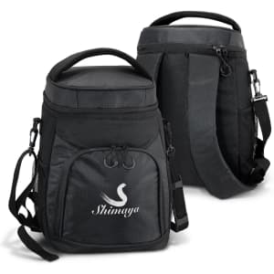 A black insulated backpack cooler with a front pocket and adjustable strap, featuring a logo on the front.