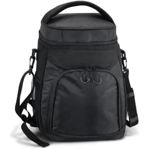 A black Cooler Backpack with a zippered top, side mesh pockets, and an adjustable strap. Includes a branding logo.