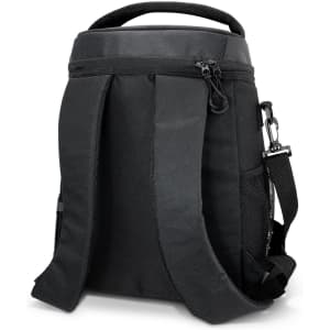 A black cooler backpack with padded straps and mesh side pockets, featuring a zippered compartment on top.