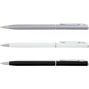 A set of three metal pens in silver, white, and black, each with a sleek design and a clip.