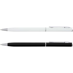 A metal pen set featuring a white pen and a black pen, both with silver clips and accents.