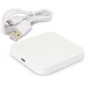 A square white wireless charger with a USB cable. The charger has a sleek design and a simple appearance.