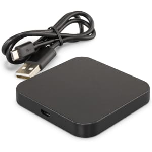 A square black wireless charger with a USB cable, featuring a sleek and minimalistic design.