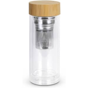 A drink bottle with a clear glass body and a bamboo lid, featuring a stainless steel infuser inside.