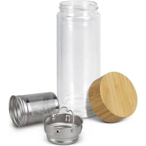 A drink bottle with a clear glass body, stainless steel infuser, and a bamboo lid. It features a logo.