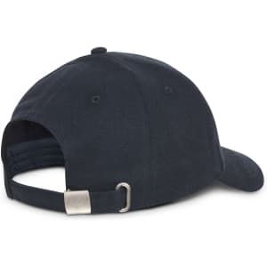A dark navy cap featuring a rear adjustable strap and a branding logo on the back.