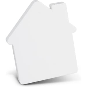 A white wireless charger shaped like a house, featuring a slot for a charging cable and a smooth finish.
