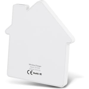 A white wireless charger shaped like a house, featuring a logo and regulatory information on the bottom.