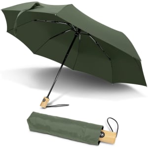 A green RPET compact umbrella opened with a wooden handle, displayed alongside its folded version in matching fabric.