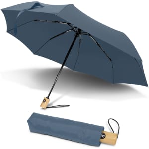 A compact grey umbrella with a wooden handle, displayed both open and folded with a carrying strap.