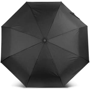 A compact black umbrella with an octagonal canopy and a central opening mechanism, featuring a logo.