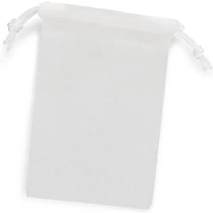 A small white drawstring gift bag with a textured pattern and two drawstrings at the top.