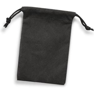 A small black drawstring gift bag with a textured surface and ties at the top.