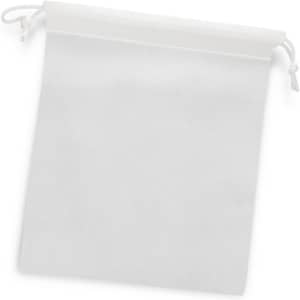 A medium drawstring gift bag in white with a simple design and a logo.