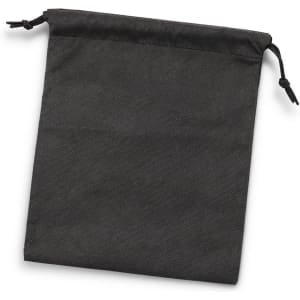 A medium drawstring gift bag in black fabric with a textured pattern and two drawstrings for closure.