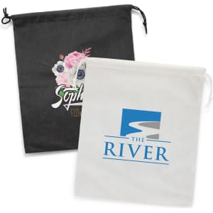 Two large drawstring gift bags, one in black with a floral design and the other in white featuring a logo.