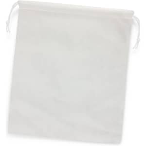 A large drawstring gift bag in a light grey colour featuring a pull string closure. It has a simple design and a logo.