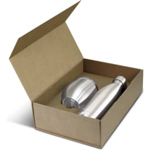 A silver drink bottle and a silver tumbler in a brown cardboard box, featuring an interior insert.