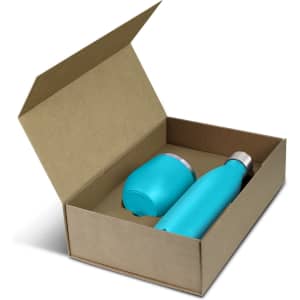 A turquoise drink bottle and cup displayed in a kraft gift box, featuring a logo on the items.
