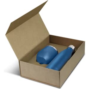 A blue drink bottle and a blue cup inside a brown cardboard gift box, featuring a logo.