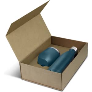 A teal drink bottle and a matching cup inside an open brown cardboard box, featuring a logo on the items.