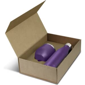 A purple vacuum drink bottle and a purple vacuum mug, housed in a brown cardboard gift box.