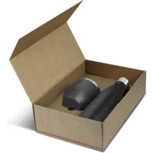 A black drink bottle and a black cup in an open cardboard gift box. The box is plain and features a logo.